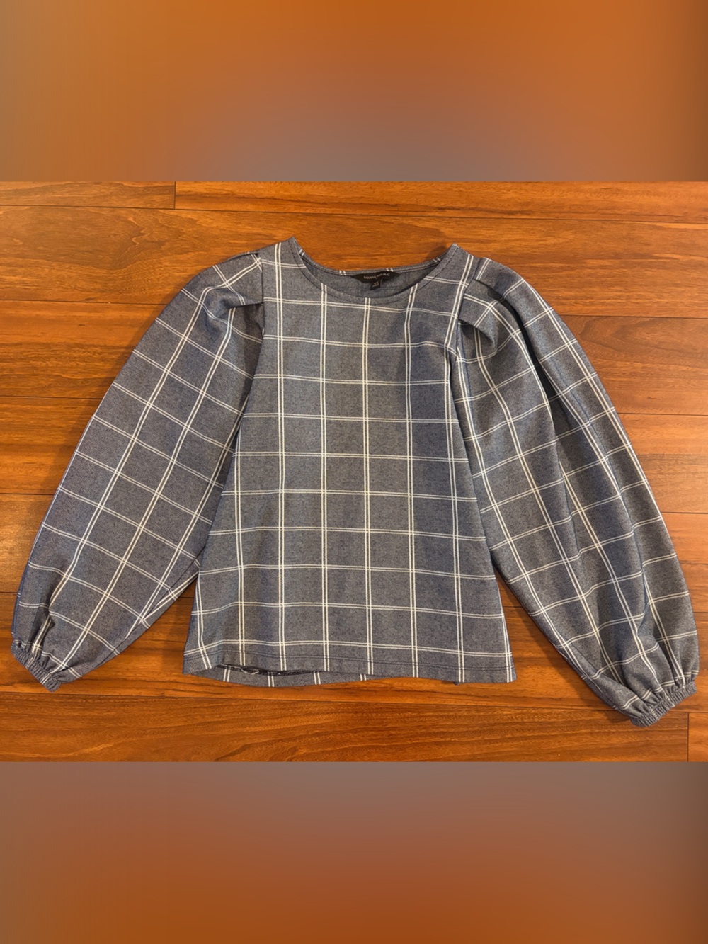 Banana Republic Navy Blue & White Windowpane Puff Sleeve Blouse